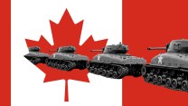 Photo illustration of the Canadian flag with an envoy of US military tanks entering through the maple leaf symbol in the center.