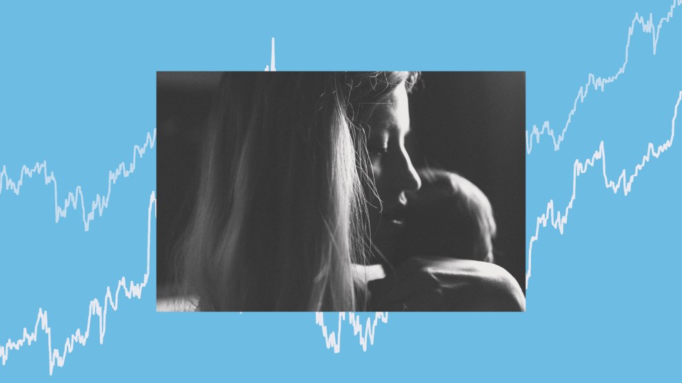 A collage with a photo of a young mother holding a newborn overlaid on a graph with two rising lines on a blue background.