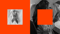 A diptych photo pairing. On the left, a black-and-white photo of lab coat with an AIDS ribbon is inset against a red background. On the right, a black-and-white photo features a woman with long black hair, a white lab coat, and latex gloves looking at a specimen in a vial. A red square centered over her face and upper torso seemingly removes a portion of her image.