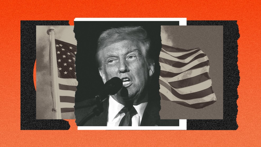 A collage with a photo of Donald Trump in the middle of two torn pieces of a photo of an American flag. The photos are all in muted greyscale, and the background is a light orange to burnt orange gradient.