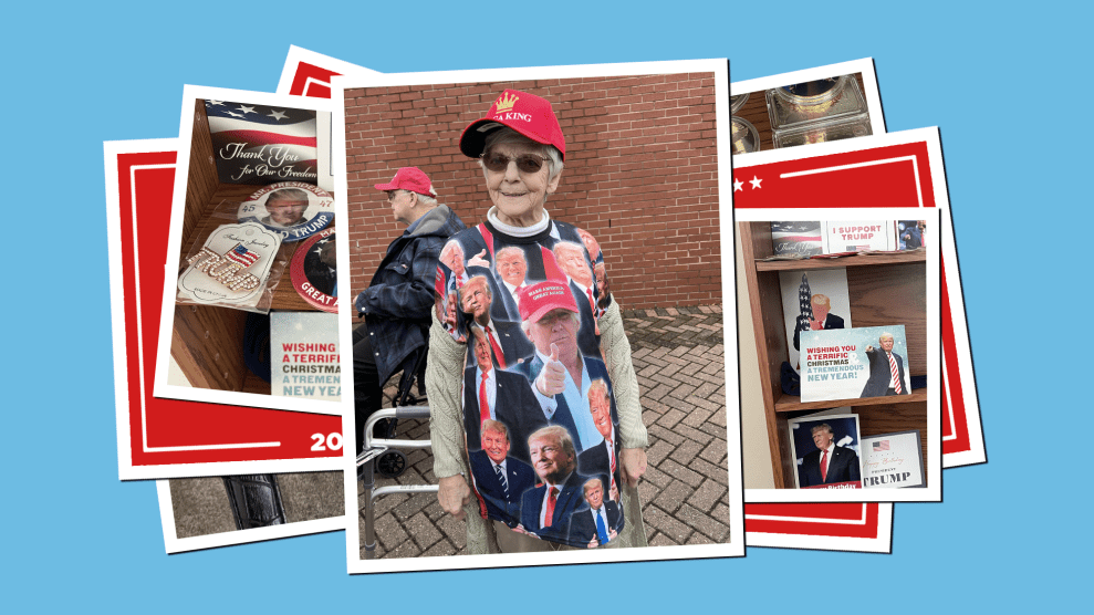 A collage of photos that centers a woman wearing a shirt that has more than a dozen different images of a smiling Donald Trump. The woman poses with a smile, and a tilted red hat on her head that reads "MAGA KING" below a gold crown. Her photo is layered upon several other photos of Donald Trump-related tchotchkes, like a watch, coins and lapel pins.